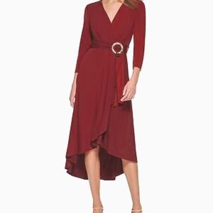 CALVIN KLEIN Womens Maroon Belted Asymmetrical Hem Midi Formal Wrap Dress Size 4
